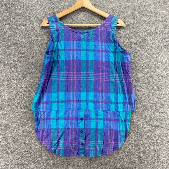 New Pazzle Blouse Women L Large Blue Plaid Sleeveless Wide Strap Round Neck - Picture 2 of 10